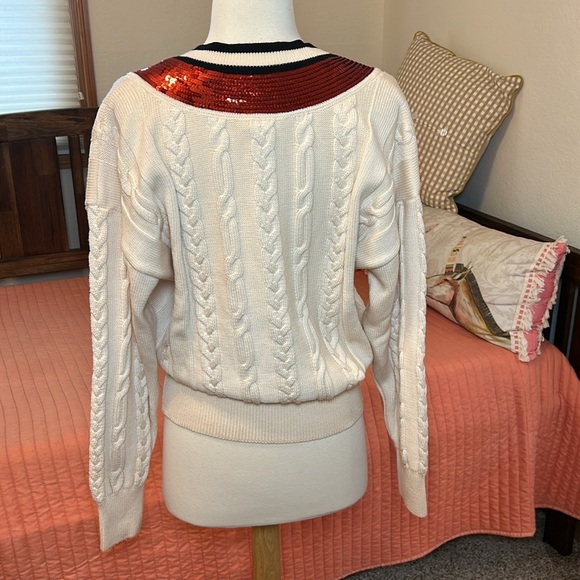 Vintage 80s Escada Wool Cable Knit Sweater with Red Sequin V Neck size 38 or M/L - Picture 6 of 16